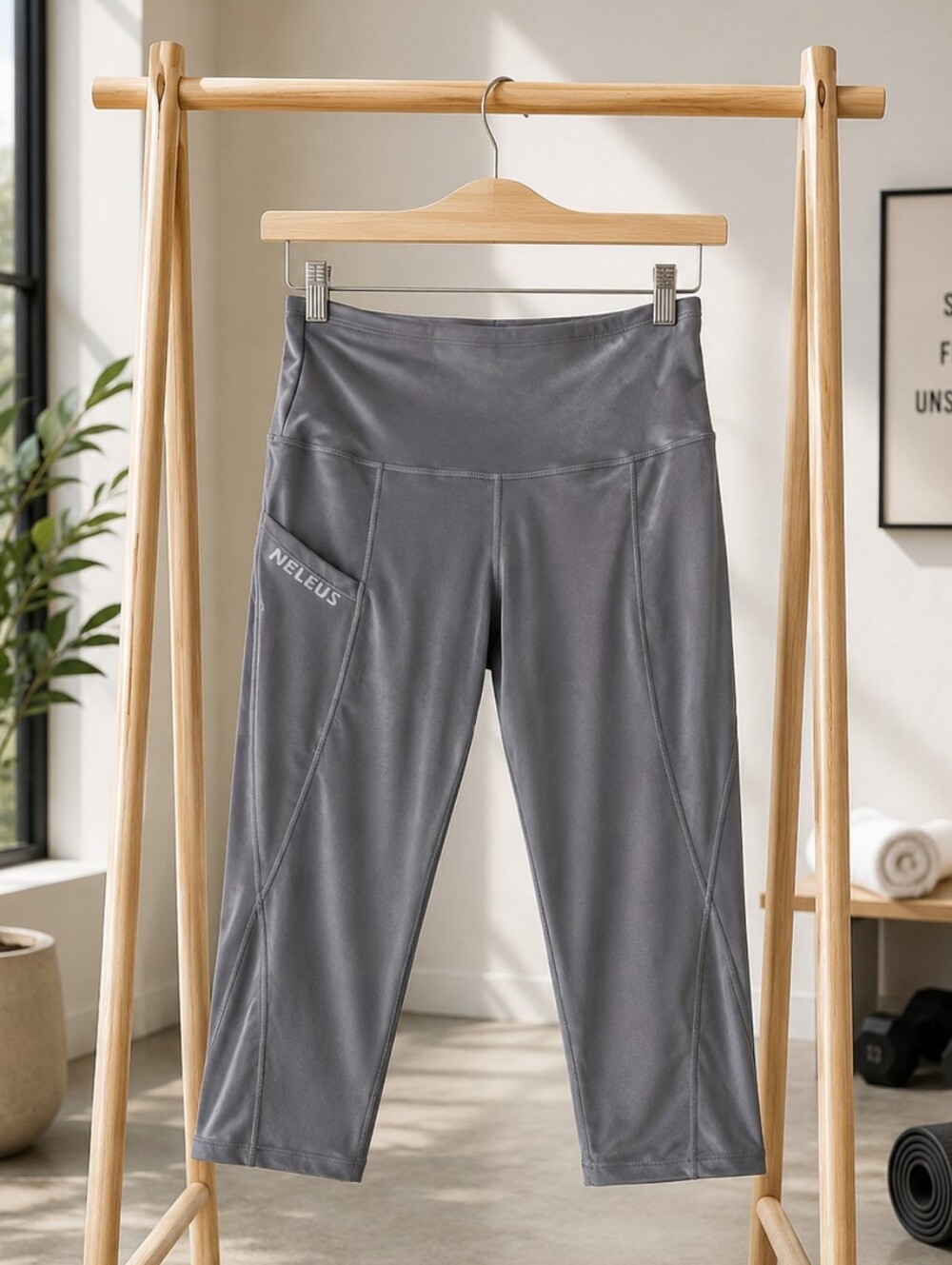 Neleus Gray High Rise Capri Leggings L Yoga Workout Side Pocket